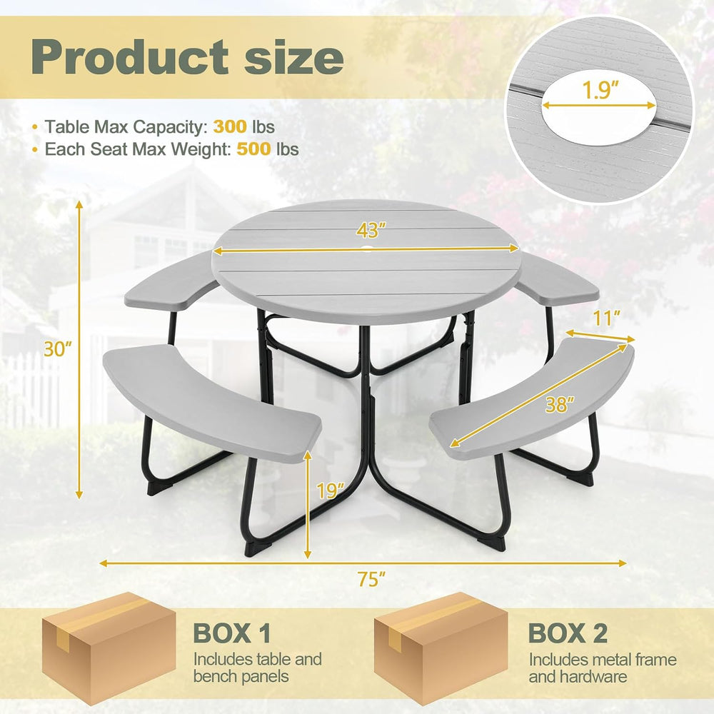 Tangkula 8 Person Round Picnic Table with 4 Built-in Benches, Grey