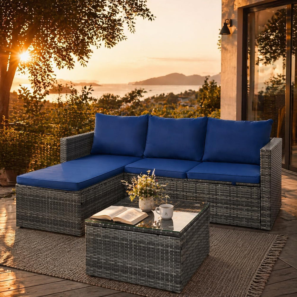 Patio Furniture Set with Detachable Soft Cushions, Outdoor PE Rattan Patio Co...