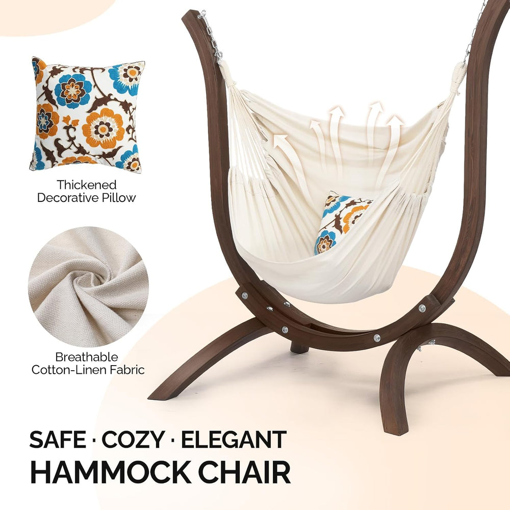 550 LBS Hand-Made Elegant Hammock Chair W/Stand, Premium Curved Wooden Hammoc...
