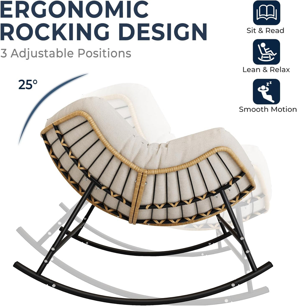 SWITTE Double Outdoor Papasan Rocking Chair with Thick Cushion, Khaki