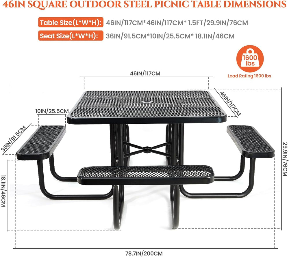 46" Square Top Outdoor Picnic Table Set for Up to 8 Persons, Outside Tab...