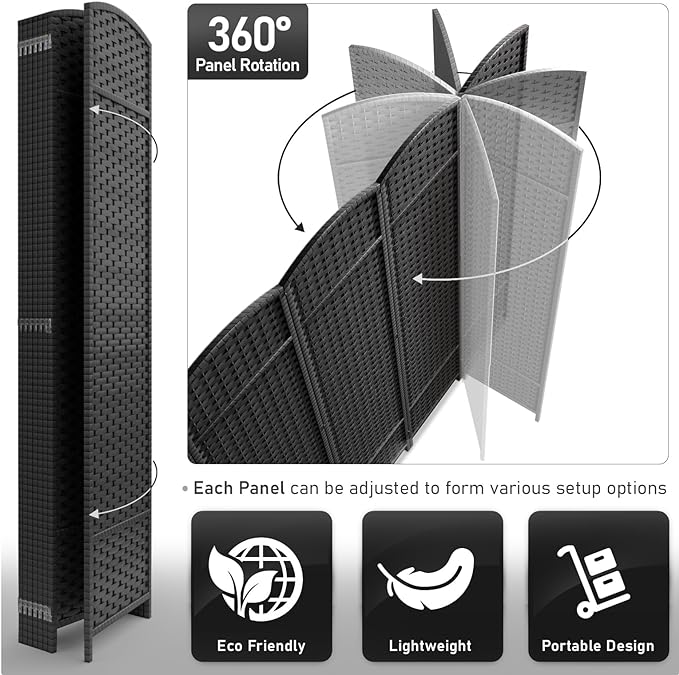 Sorbus 8-Panel Black Room Divider with Double Hinged Panels, 6 ft Tall Foldin...