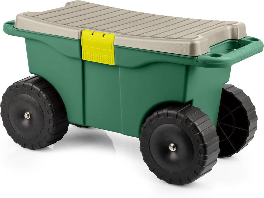 Rolling Garden Cart with Seat - Plastic Storage with Bench and Interior Tool ...
