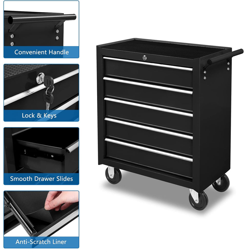 TUFFIOM 5-Drawer Rolling Tool Chest w/Drawers & Lock, Tool Storage Cabine...