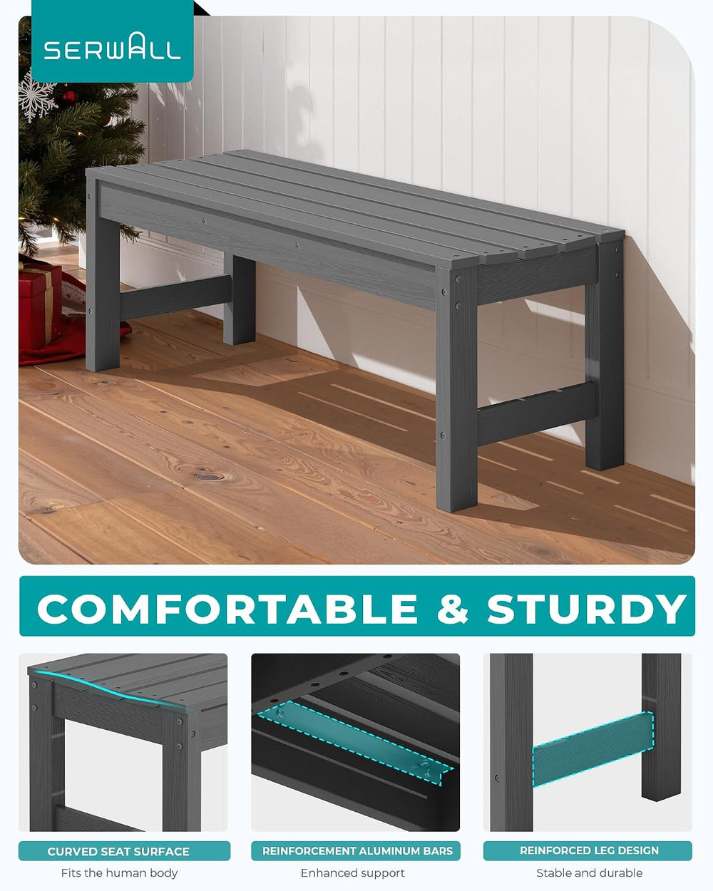 SERWALL 47 Inches Backless Outdoor Bench for 2-Person, Grey