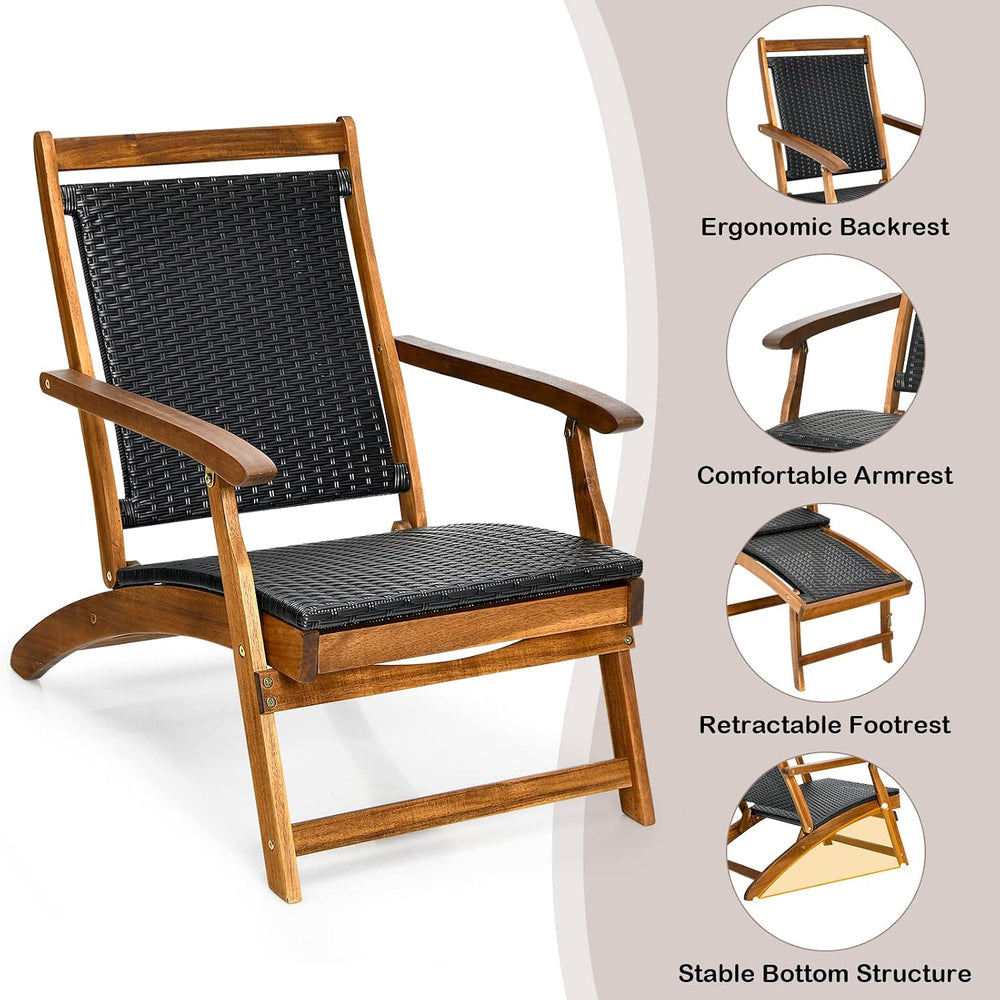 COSTWAY Patio Folding Rattan Lounge Chair, Acacia Solid Wood Frame