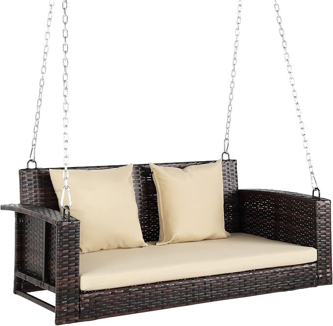 VINGLI Heavy Duty 800 LBS Wicker Hanging Porch Swing with Cushions & Chai...