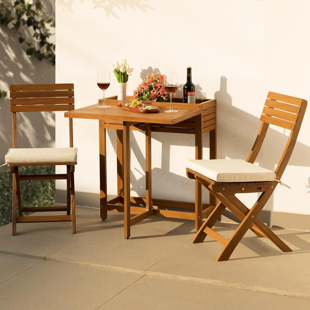 IDZO 3-Piece Bistro Set, FSC Acacia, Foldable Chairs w/Washable Cushion