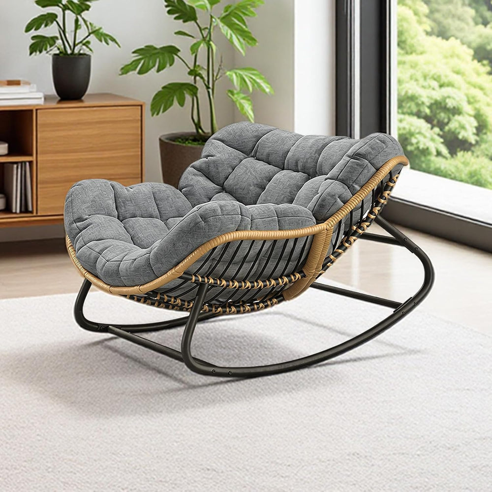Oversized Papasan Rocking Chair with Extra Thick Cushion, Rattan Wicker Egg C...