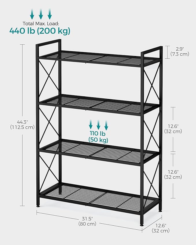 SONGMICS 4-Tier Metal Storage Rack, Shelving Unit with X Side Frames, Dense M...