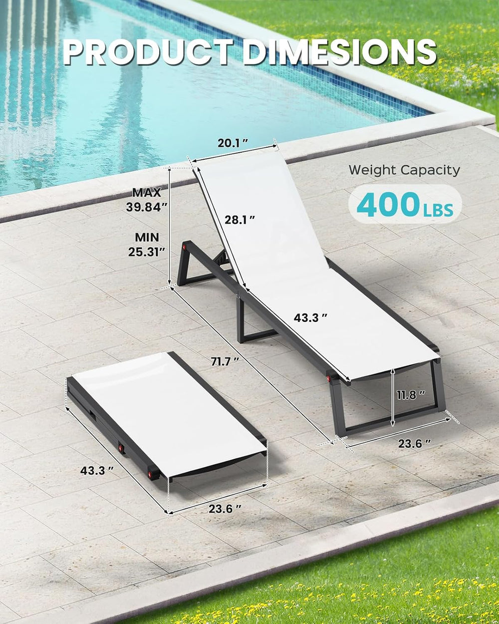 Aluminum Chaise Lounge Chair Outdoor, Foldable& No Assembly Patio Pool Lo...