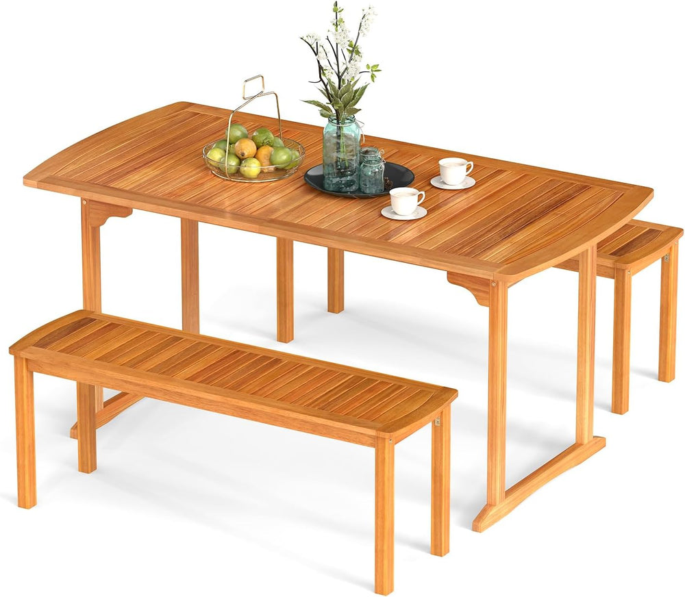Tangkula 3 Piece Acacia Wood Patio Dining Table Set, 63" Large Patio Tab...