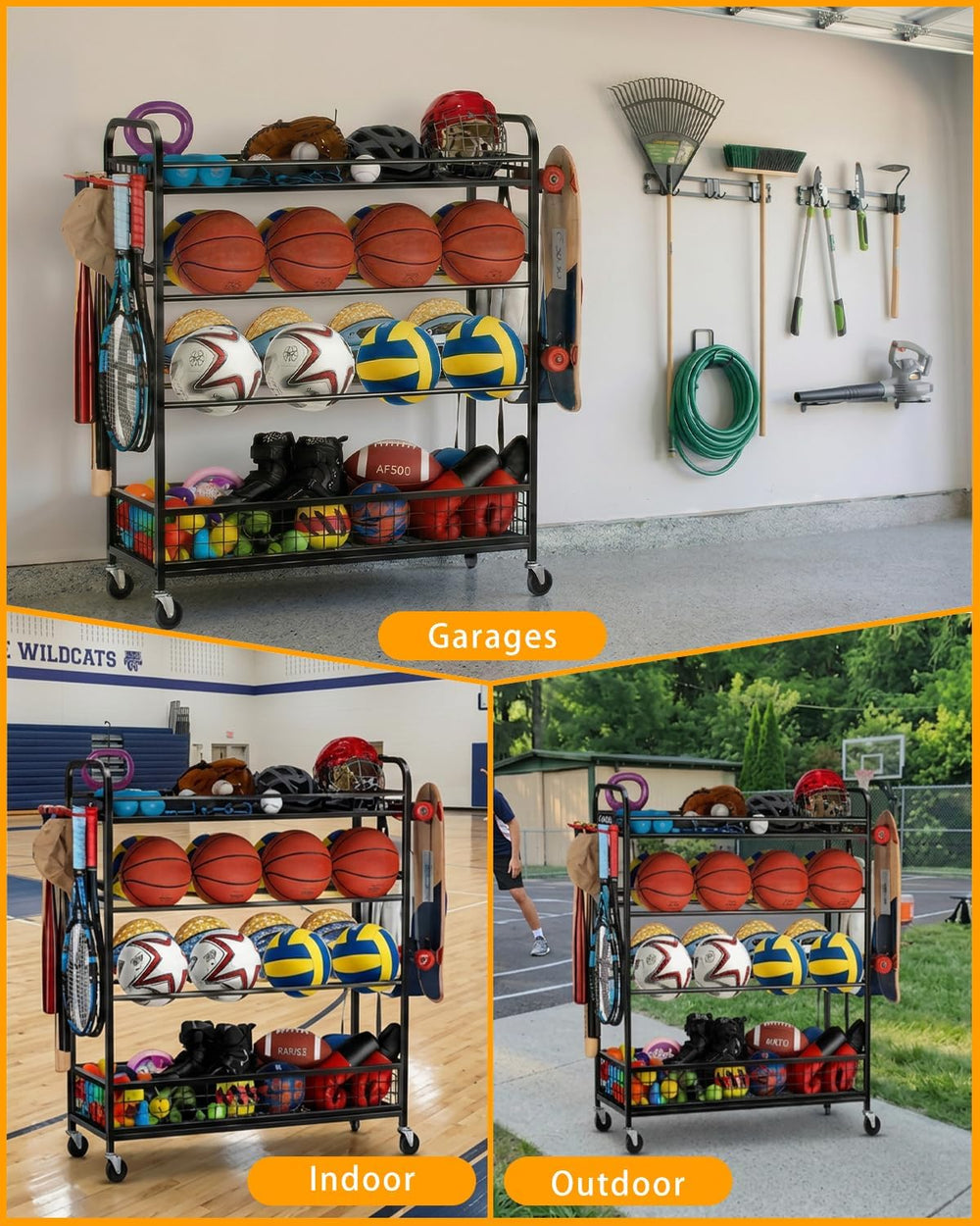 EXTCCT Garage Sports Equipment Organizer - Rolling Ball Storage with Wheels
