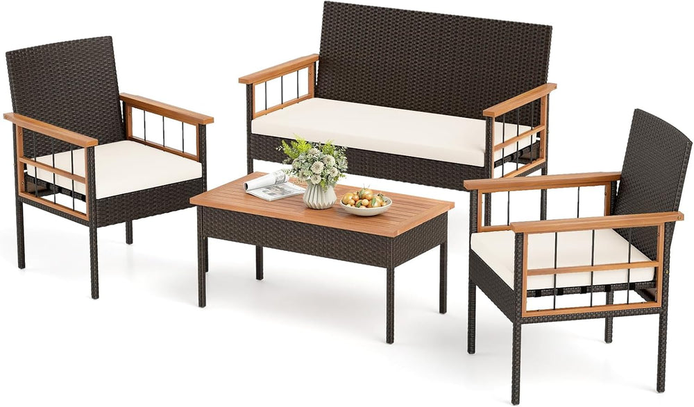 Tangkula 4 Pieces Wicker Patio Conversation Furniture Set, Outdoor Rattan Cus...