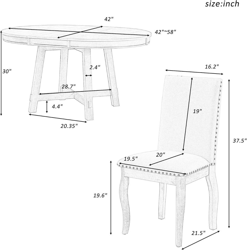 P PURLOVE 5-Piece Round Dining Table Set, Wood Farmhouse Round Extendable Din...