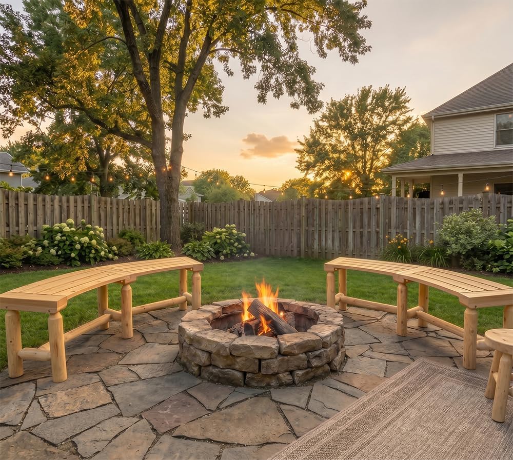 2-Pack Outdoor Curved Backless Porch Bench, Wood Fire Pit Bench, Natural