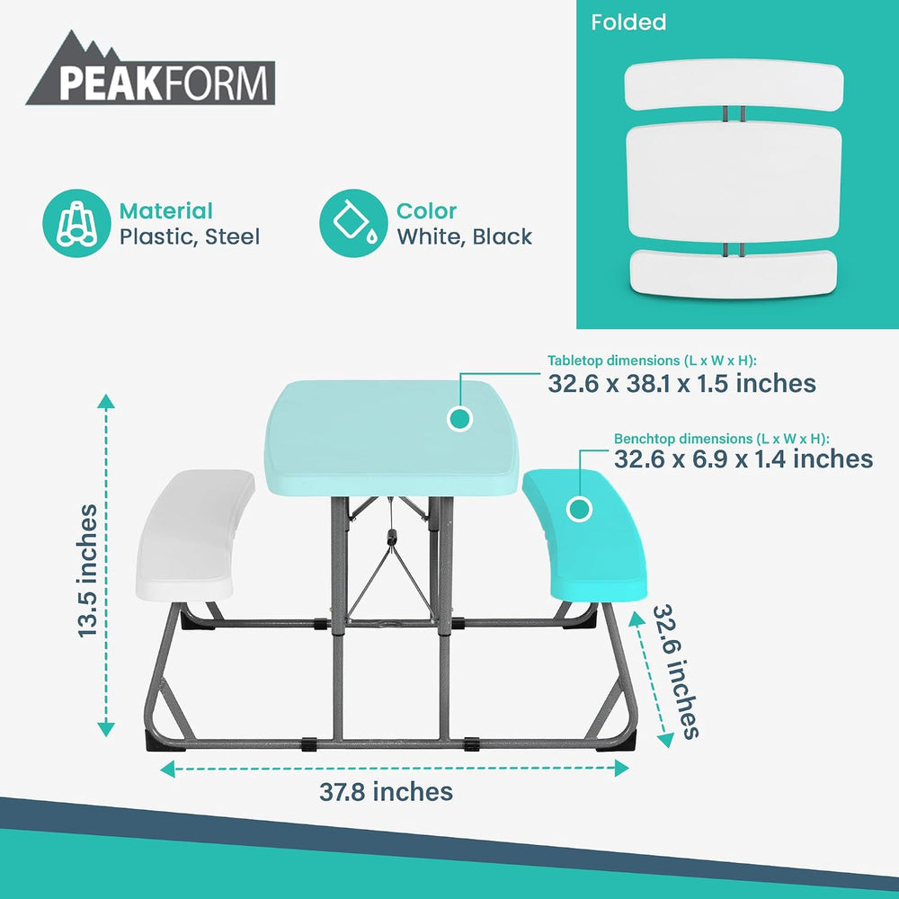 Peakform Folding Picnic Table, Rectangular, 2 Benches, 37.8 in, White
