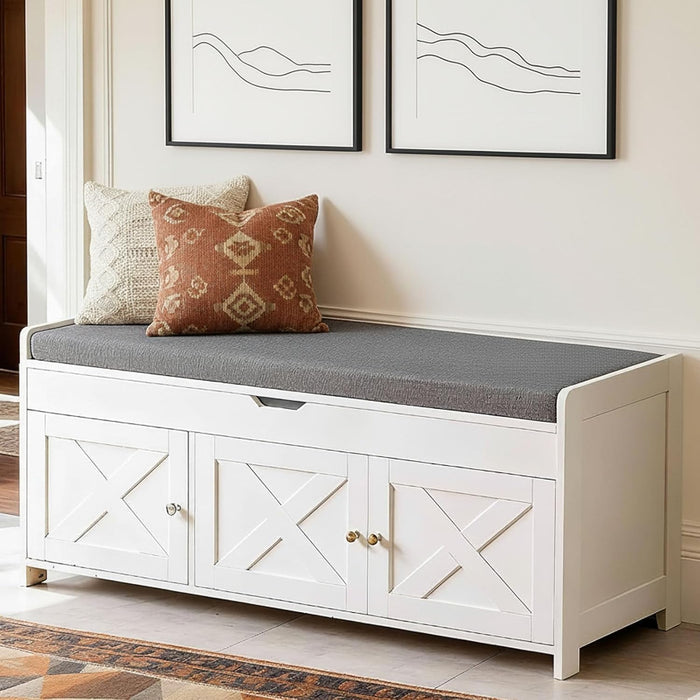Amada Farmhouse Shoe Storage Bench with Cushion, 3 Doors & Lift-Top Storage, Adjustable Shelves, 300 lbs Capacity Entryway Bench for Bedroom, Living Room, Classic White