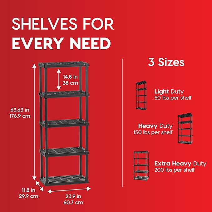 IRIS USA 5-Shelf Light Duty Plastic Storage Shelves, 250lb Capacity, 64"...