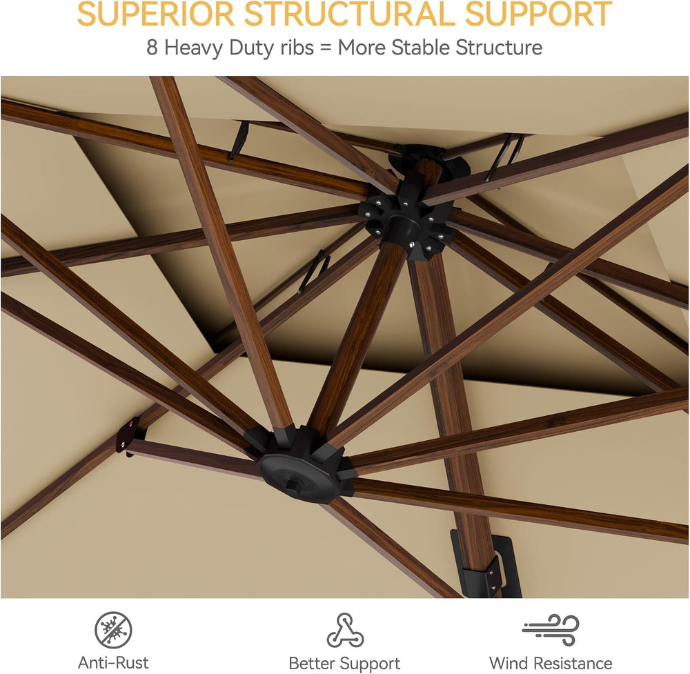 10x13' Wood Pattern Cantilever Patio Umbrella with Base, Beige
