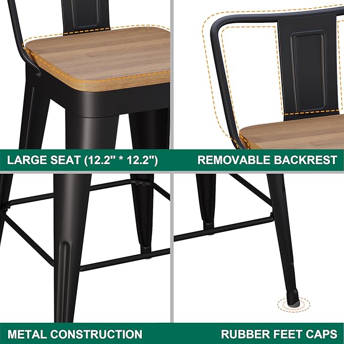 WENTMENT Metal Bar Stools Set of 4 Counter Height Barstools with Removable Ba...