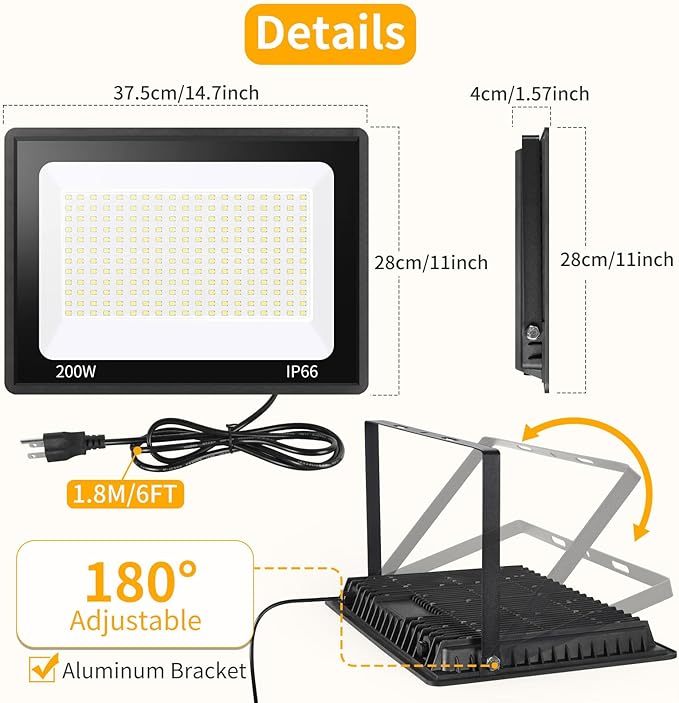 200W LED Flood Light Outdoor with 6ft Plug, 24000LM Brighter Exterior Securit...