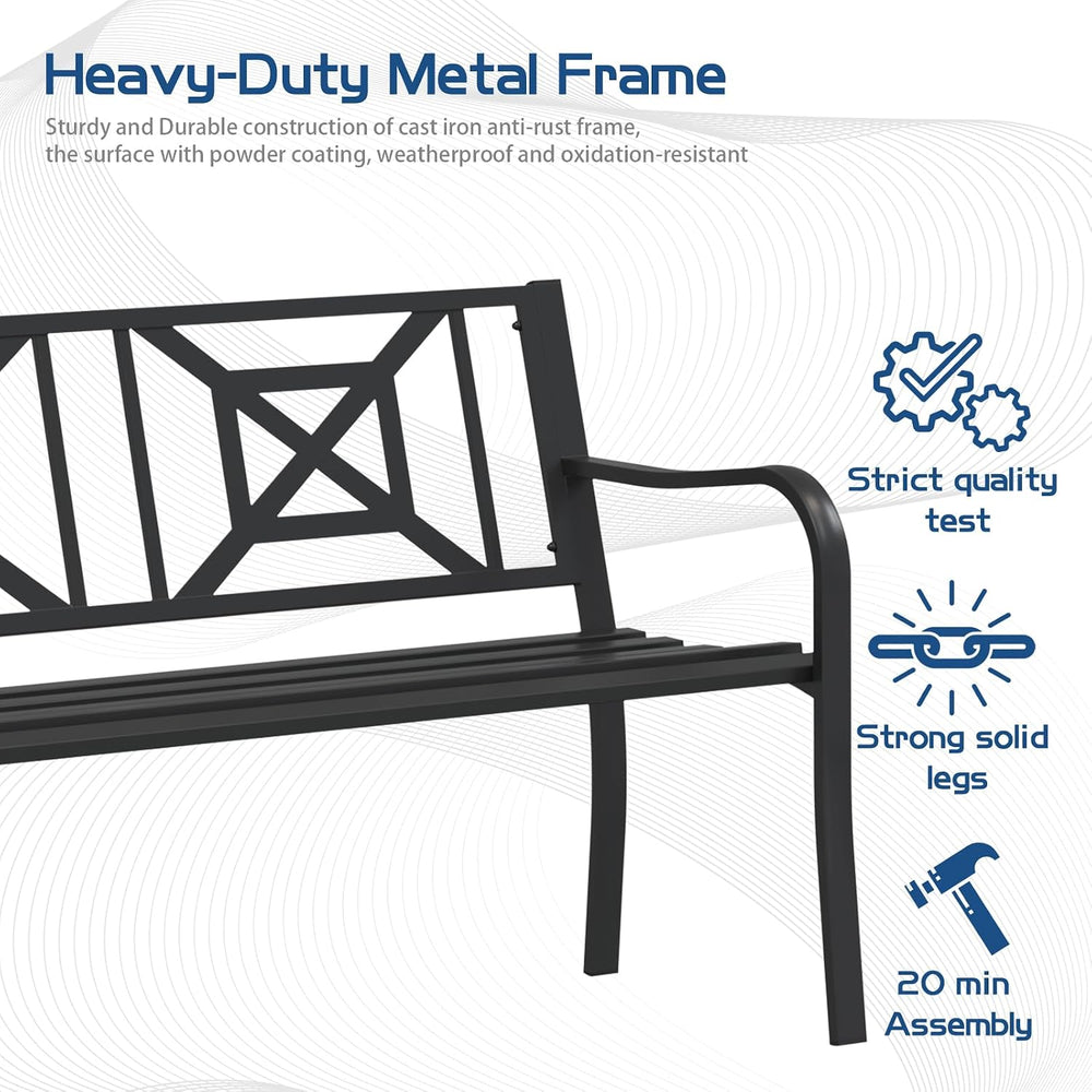 Black Outdoor Bench, Metal Weatherproof Garden Bench Cast Iron Heavy-Duty Pat...