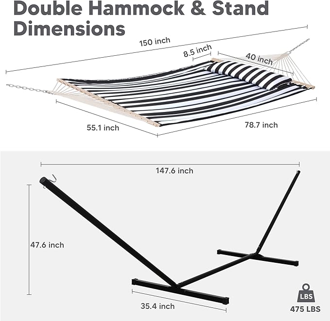 SUNCREAT Two Person Hammock with 12ft Stand Included, Max 475lbs Capacity, He...