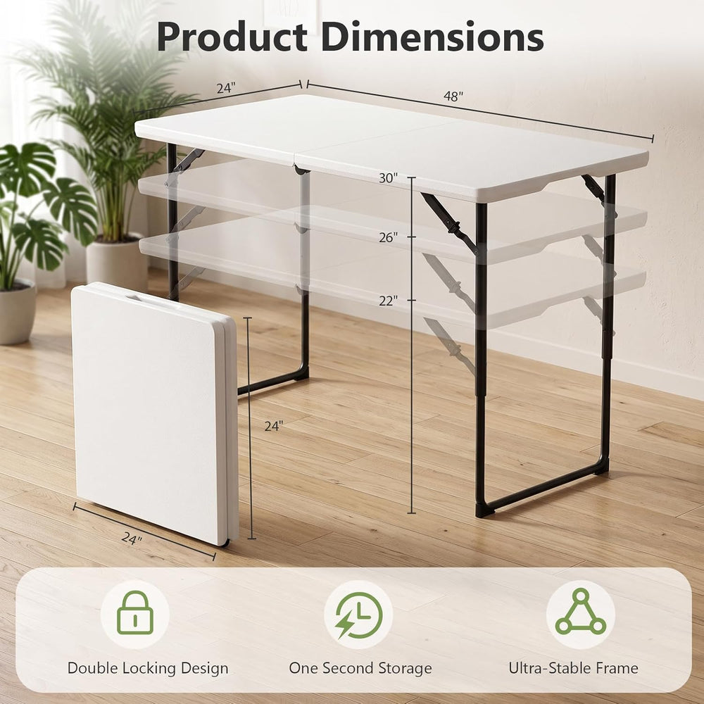 Folding Table, 4FT Foldable Picnic Table with Adjustable Height, Heavy Duty F...