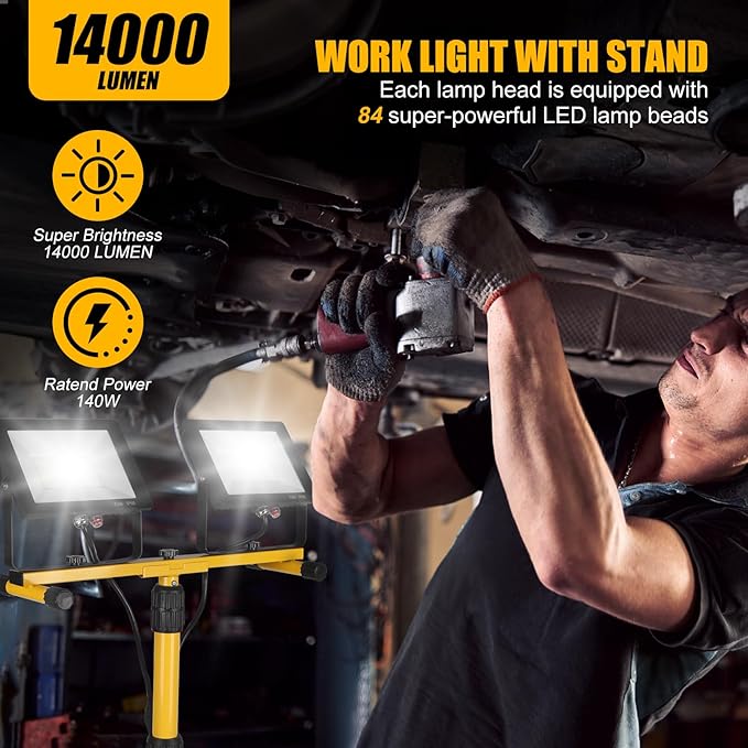 14000Lumen LED Work Lights with Stand - 2 Head Portable Work Light on Stand -...