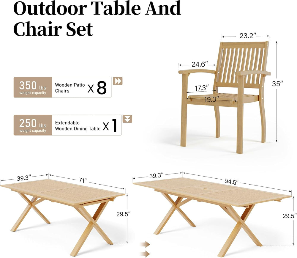 Acacia Wood Patio Dining Set for 8, Expandable Table