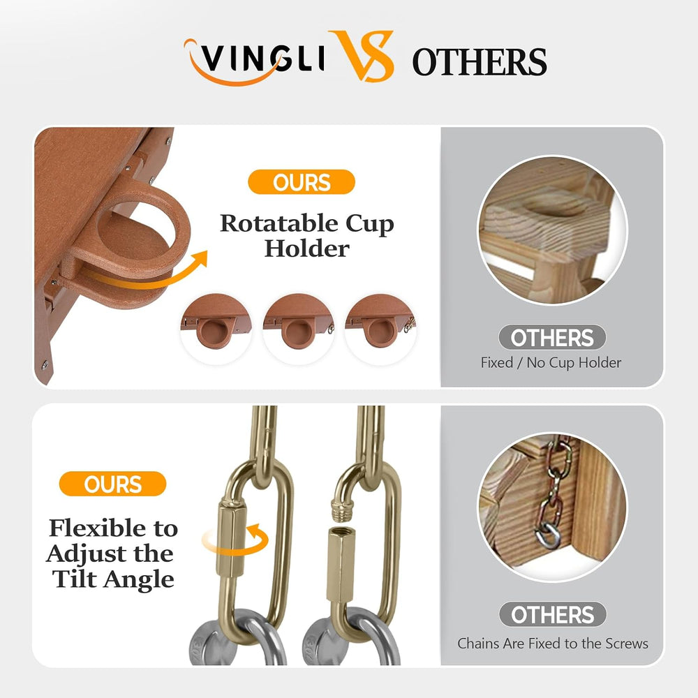 VINGLI 2.2FT HDPE Porch Swing, Patio Swing with Rotatable Cup Holder, Teak
