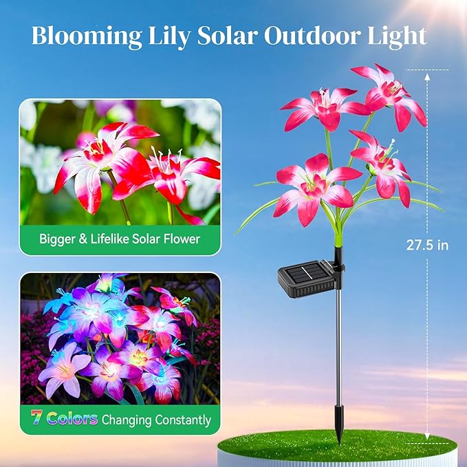 Solar Garden Lights Outdoor, 8 Pack Blooming Lily Solar Flowers Outdoor Water...
