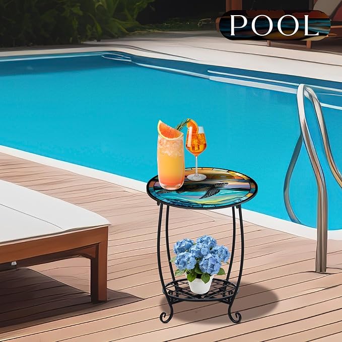 Outdoor Side Table Round Small Mosaic Patio Accent Indoor End Plant Coffee Te...