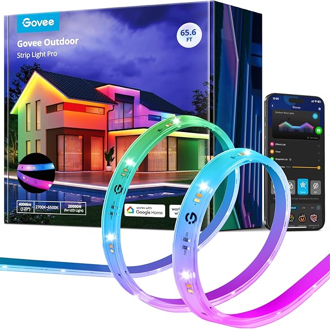 Govee Outdoor LED Strip Lights RGBIC with Warm and Cold White, 65.6ft 2.4G Wi...