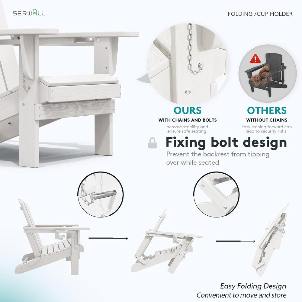 SERWALL Outdoor Adirondack Chair Set of 2 with Cup Holders,Foldable,White