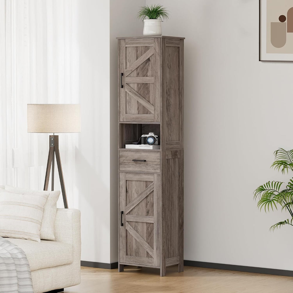 67" H Tall Bathroom Storage Cabinet with Barn Doors and Drawer