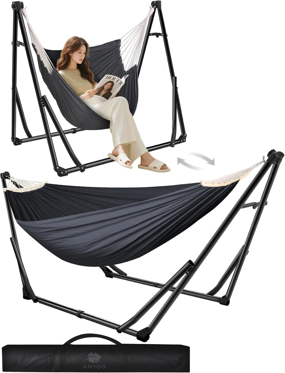 ANYOO 2-in-1 Hammock & Chair Stand with Collapsible Steel Frame & Car...
