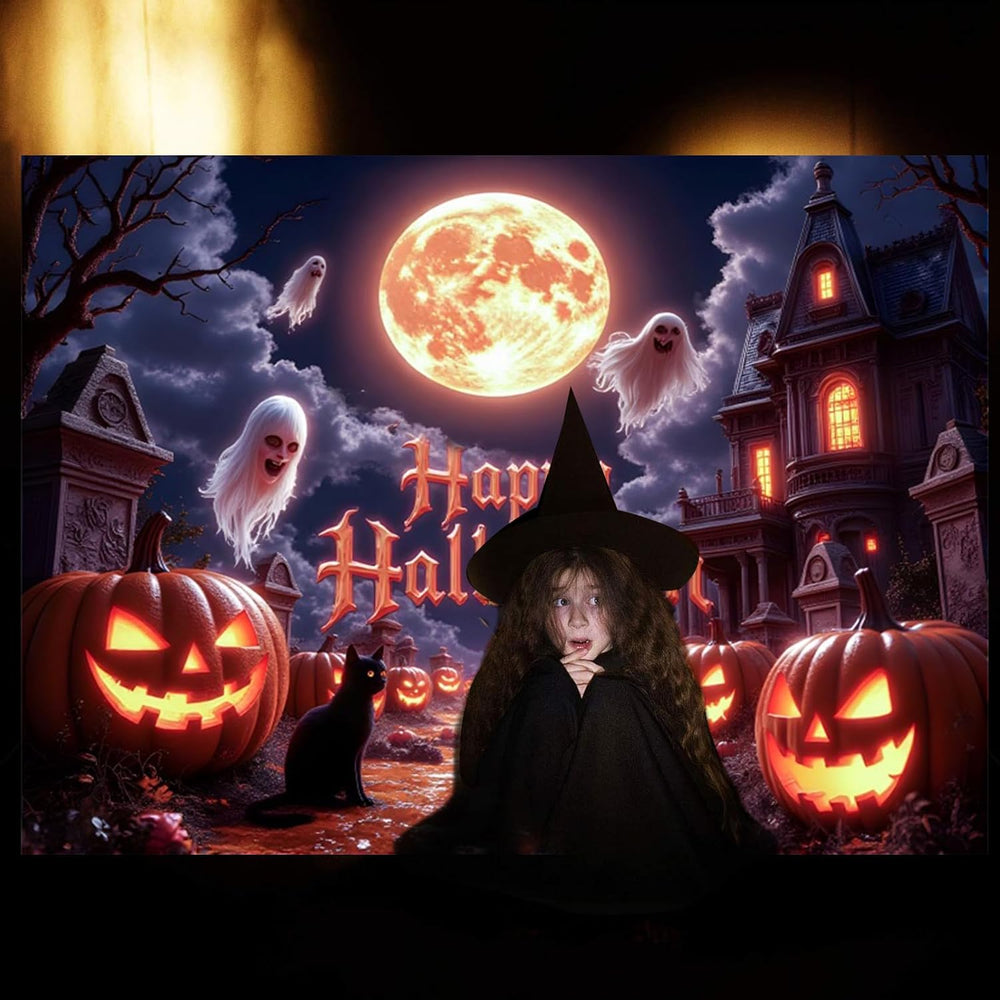 15x10ft Halloween Backdrops for Photoshoot Spooky Golden Full Moon Pumpkin Gh...