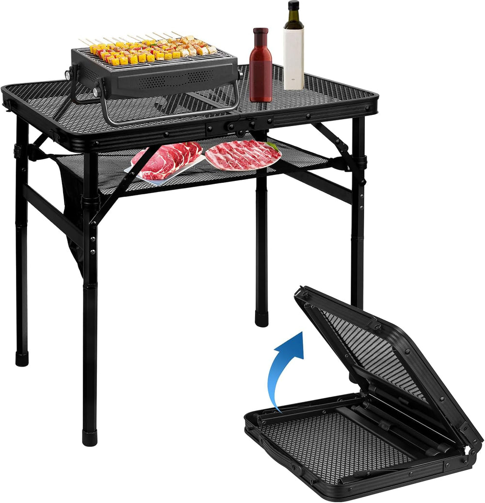 MSDADA Folding Grill Table, Height Adjustable Aluminum Table with Mesh Deskto...