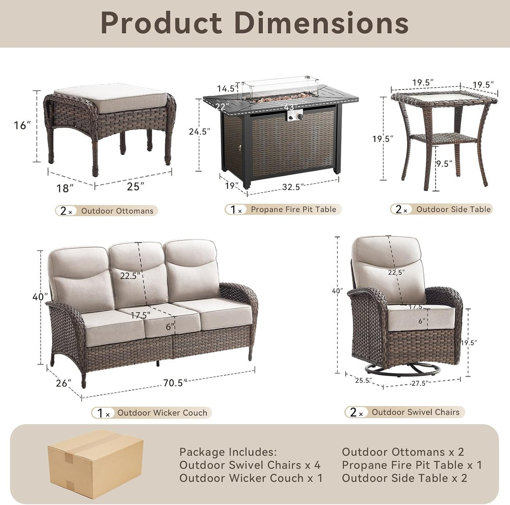10 Pieces Luxury Patio Furniture Set with 42.5" Fire Pit Table, 6-Inch T...