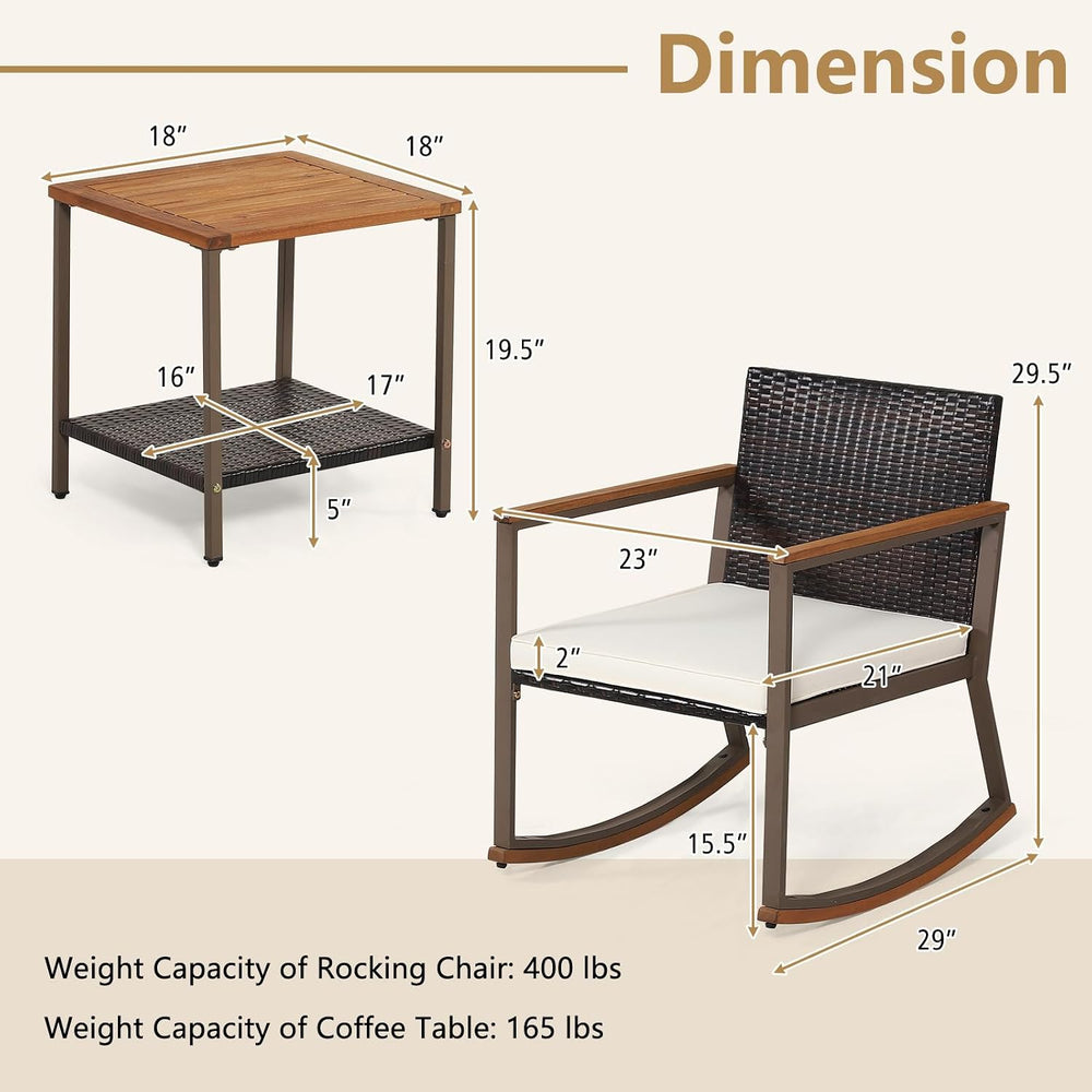 COSTWAY 3 Pieces Patio Rocking Bistro Set, Outdoor Wicker Acacia Wood Sets