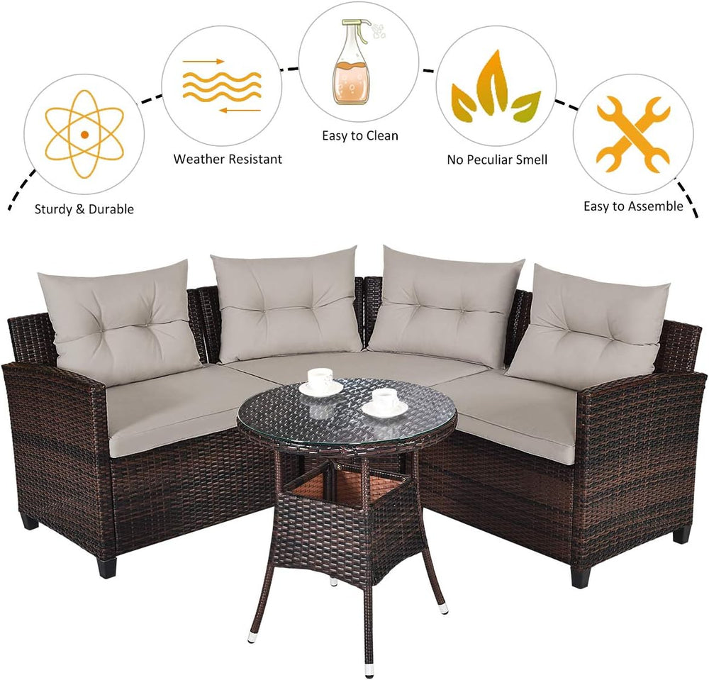 HAPPYGRILL 4 Pieces Patio Furniture Set Outdoor Rattan Wicker Conversation Se...