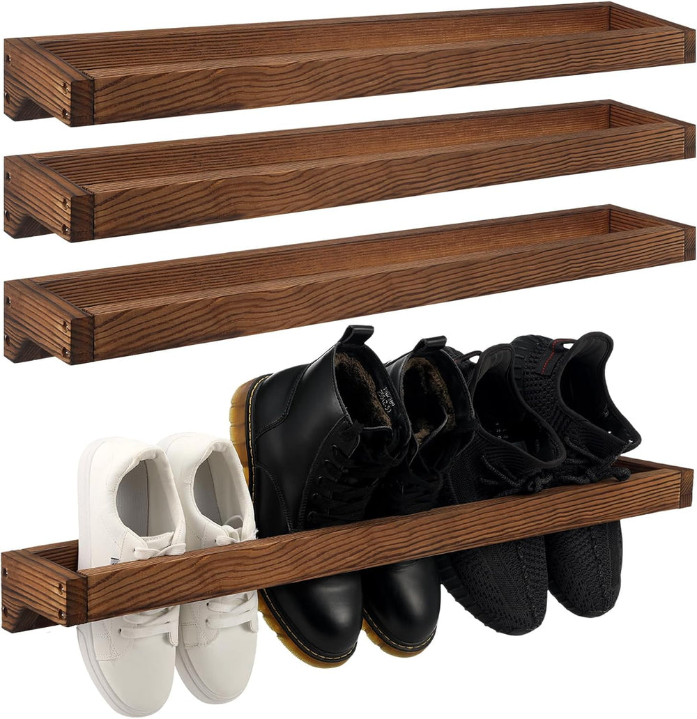 4 Pcs Wall Mounted Wooden Shoe Rack Hanging Shoe Storage, Burnt Wood