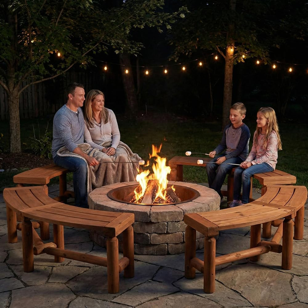 Outdoor Curved Backless Porch Bench, Cedar/Fir Wood Fire Pit Bench, Brown