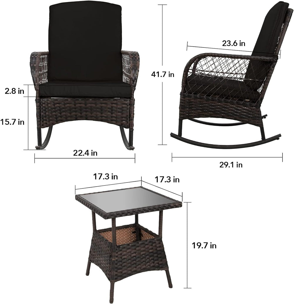 LEVELEVE 3 pcs Rocking Bistro Set Conversation Chairs PE Wicker Outdoor Rocki...
