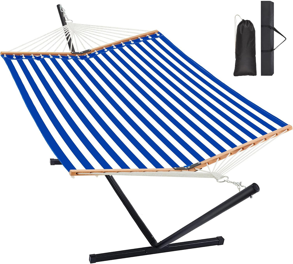 Two Person Hammock with Stand for Outside, Blue White
