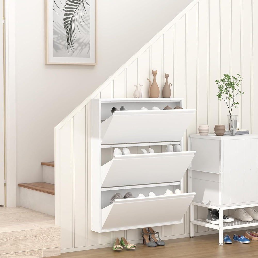 Slim Wall Mounted Metal Storage Cabinet with 3 Flip Drawers