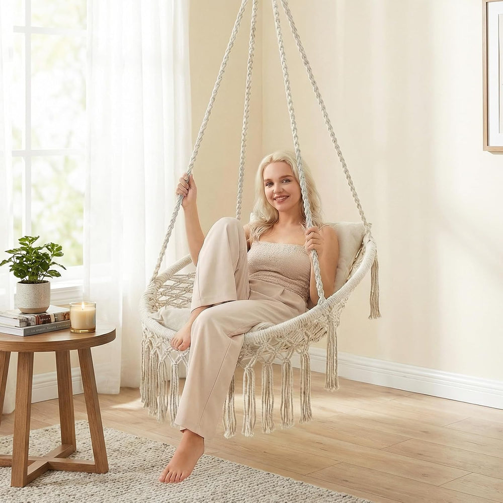 Happygrill Macrame Swing Chair with 2 Removable Cushions