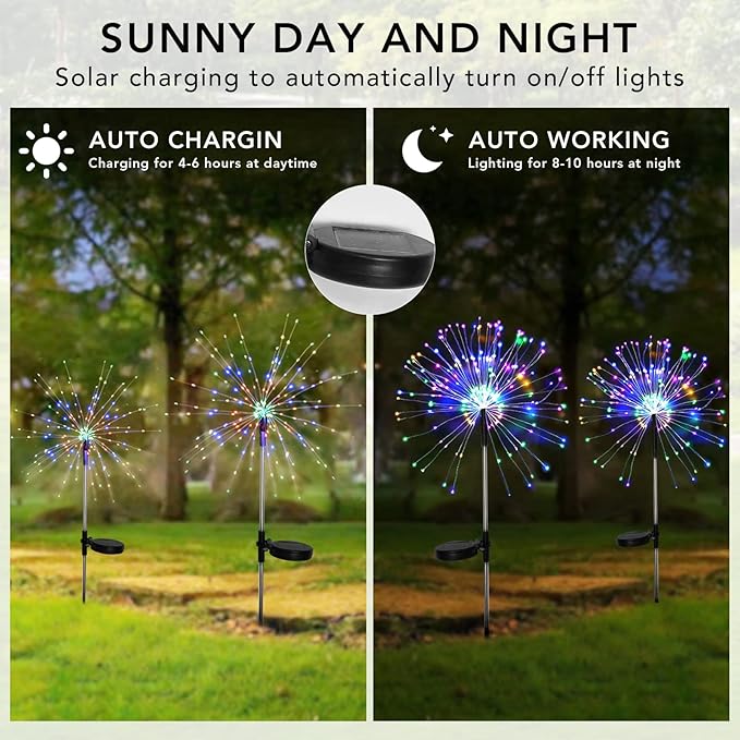 FOOING 4 Pcs Solar Garden Lights Solar Firework Lights Waterproof, 120 LED St...
